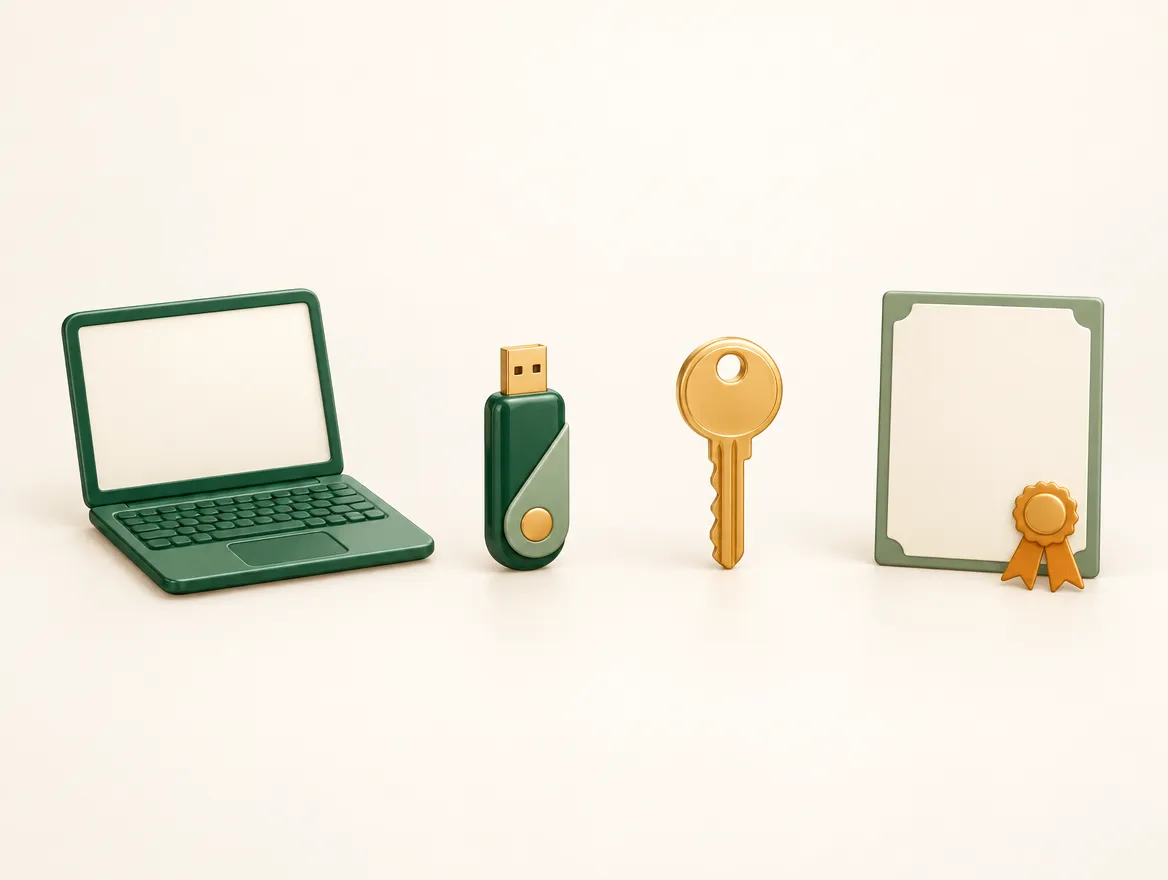 Cuatro objetos separados: una laptop, una memoria USB, una llave dorada y un certificado con listón