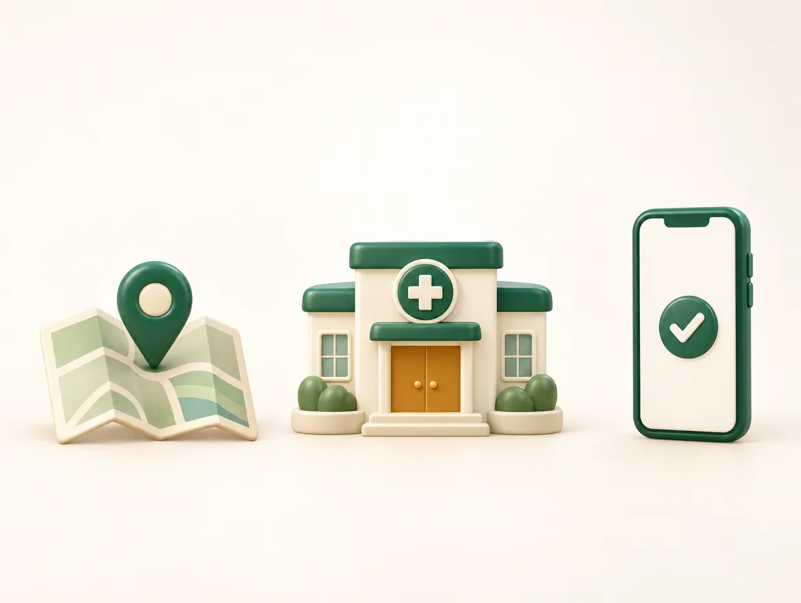 Tres elementos separados: un mapa con un marcador, una clínica con cruz médica y un celular con una palomita