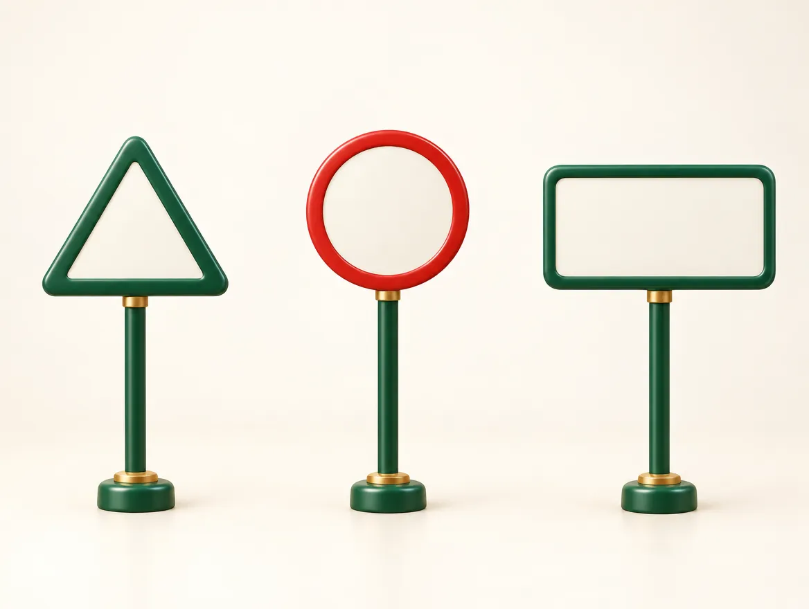 Ilustración de tres señales de tránsito: triangular, circular con borde rojo y rectangular