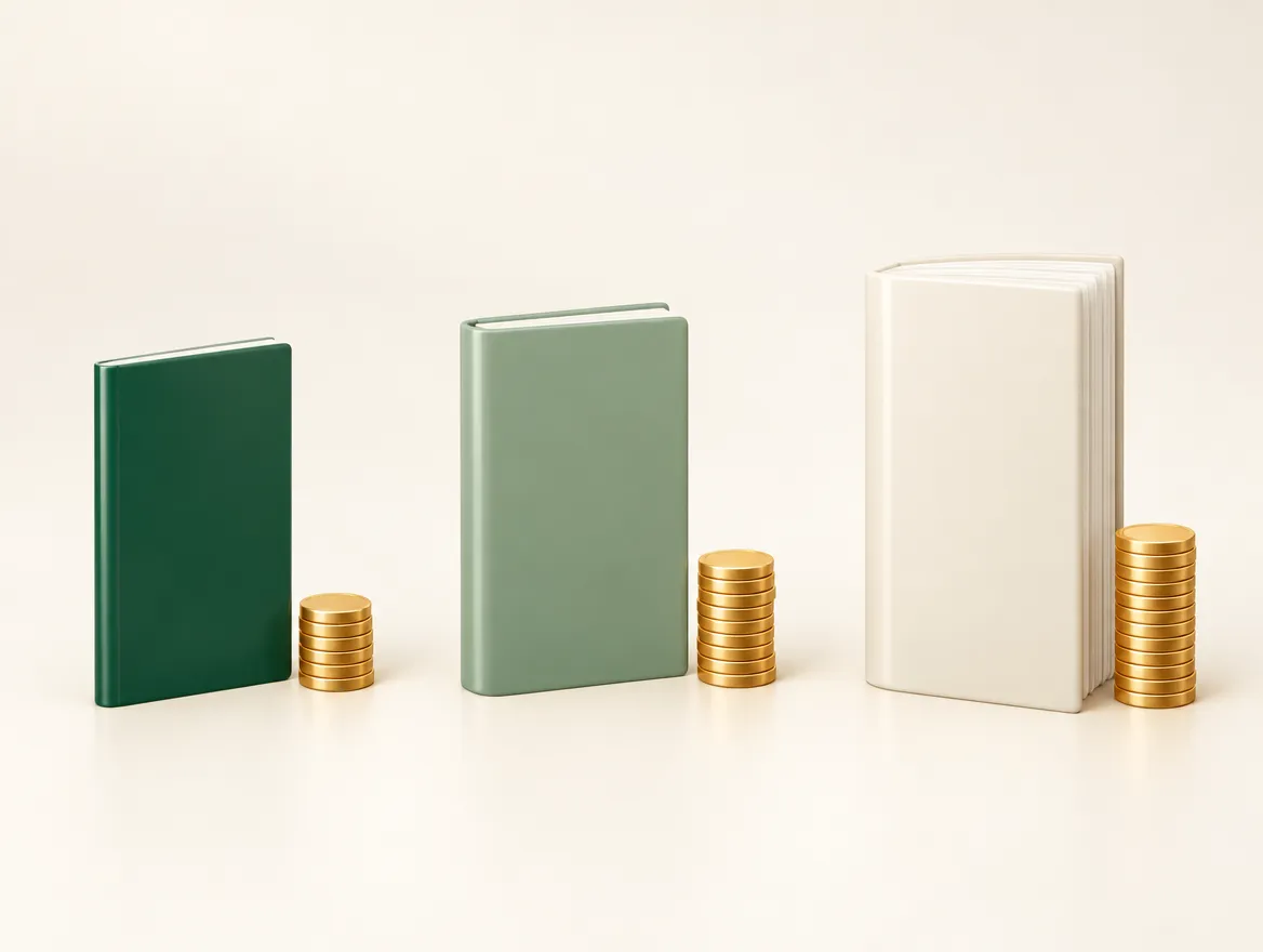 Tres libretas lisas sin emblema, de grosor creciente, cada una con una pila de monedas al lado