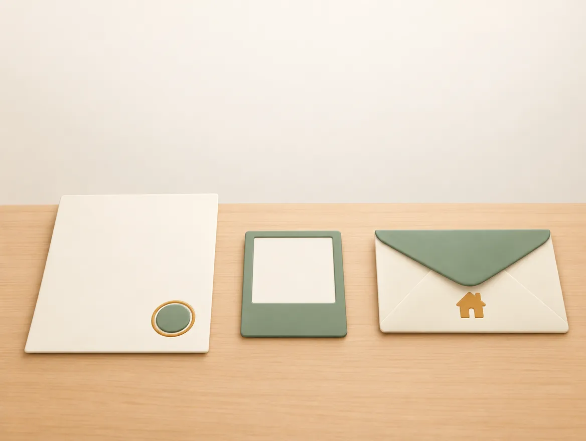 Tres documentos en blanco sobre una mesa de madera: una hoja con sello redondo, una tarjeta con recuadro para foto y un sobre con el dibujo de una casa